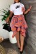 Orange Fashion Casual Plaid Patchwork Letter O Neck Short Sleeve Two Pieces