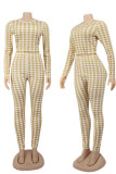 Blue Casual Plaid Print Patchwork O Neck Long Sleeve Two Pieces