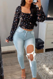 Light Blue Fashion Casual Solid Ripped Hollowed Out Patchwork High Waist Skinny Denim Jeans