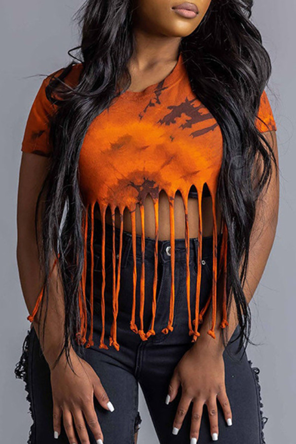 Orange Sexy Print Tassel Patchwork O Neck Tops