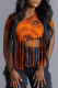 Orange Sexy Print Tassel Patchwork O Neck Tops