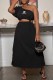 Black Fashion Casual Print Hollowed Out Letter One Shoulder A Line Dresses