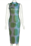 Green Fashion Sexy Print Hollowed Out Patchwork Half A Turtleneck Sleeveless Dress