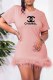 Pink Fashion Sexy Print Feathers Letter O Neck One Step Skirt Dresses
