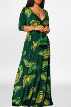 Green Fashion Casual Print Patchwork V Neck Long Dress