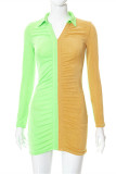 Green Fashion Casual Solid Patchwork Contrast Turndown Collar Long Sleeve Dresses
