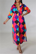 Rose Red Fashion Casual Print Patchwork Turndown Collar Shirt Dress