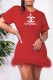 Red Fashion Sexy Print Feathers Letter O Neck One Step Skirt Dresses
