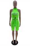 Fluorescent Green Fashion Casual Letter Print Slit O Neck Sleeveless Two Pieces