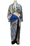 Blue Sexy Print Tassel Patchwork Asymmetrical V Neck Long Sleeve Two Pieces