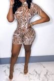 Khaki Sexy Print Patchwork Half A Turtleneck Skinny Rompers