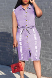 Rose Red Fashion Casual Solid Basic Turndown Collar Denim Dress