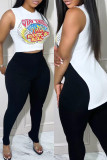 White Fashion Casual Print Asymmetrical O Neck Sleeveless Two Pieces