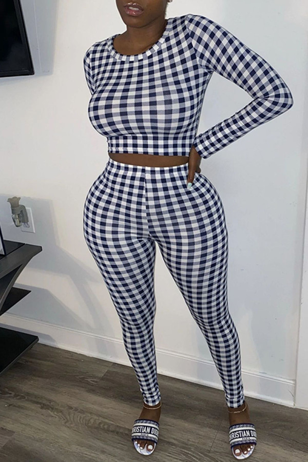 Blue Casual Plaid Print Patchwork O Neck Long Sleeve Two Pieces