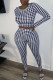 Blue Casual Plaid Print Patchwork O Neck Long Sleeve Two Pieces