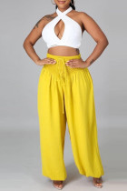 Yellow Sexy Casual Solid Hollowed Out Backless Halter Sleeveless Two Pieces