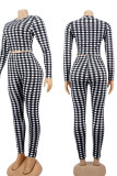 Blue Casual Plaid Print Patchwork O Neck Long Sleeve Two Pieces