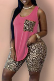 Rose Red Fashion Casual Leopard Printing U Neck Plus Size Two Pieces