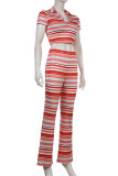 Red Fashion Casual Striped Print Basic V Neck Short Sleeve Two Pieces