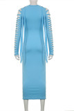 Blue Fashion Sexy Solid Hollowed Out O Neck Long Sleeve Dresses