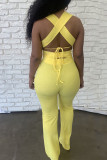 Yellow Sexy Solid Bandage Patchwork Frenulum Halter Sleeveless Two Pieces