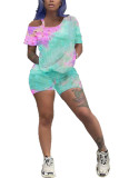 Green Fashion Sexy adult Ma'am Print Tie Dye Burn-out Two Piece Suits pencil Half Sleeve Two Pieces