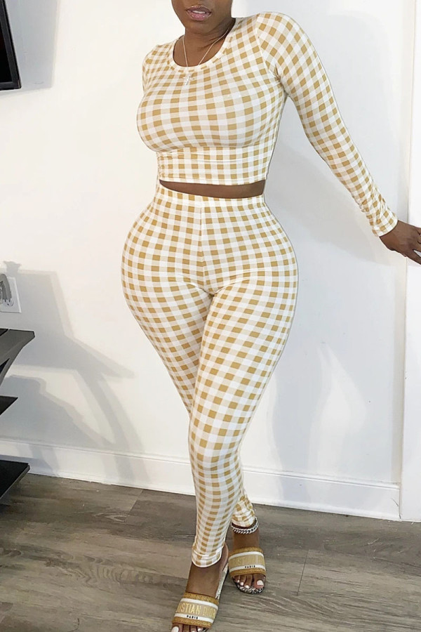 Light Yellow Casual Plaid Print Patchwork O Neck Long Sleeve Two Pieces