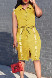 Rose Red Fashion Casual Solid Basic Turndown Collar Denim Dress