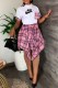 Pink Fashion Casual Plaid Patchwork Letter O Neck Short Sleeve Two Pieces