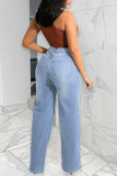 Medium Blue Fashion Casual Print Patchwork High Waist Regular Denim Jeans