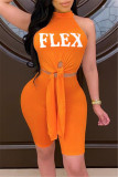 Orange Fashion Casual Letter Print Slit O Neck Sleeveless Two Pieces