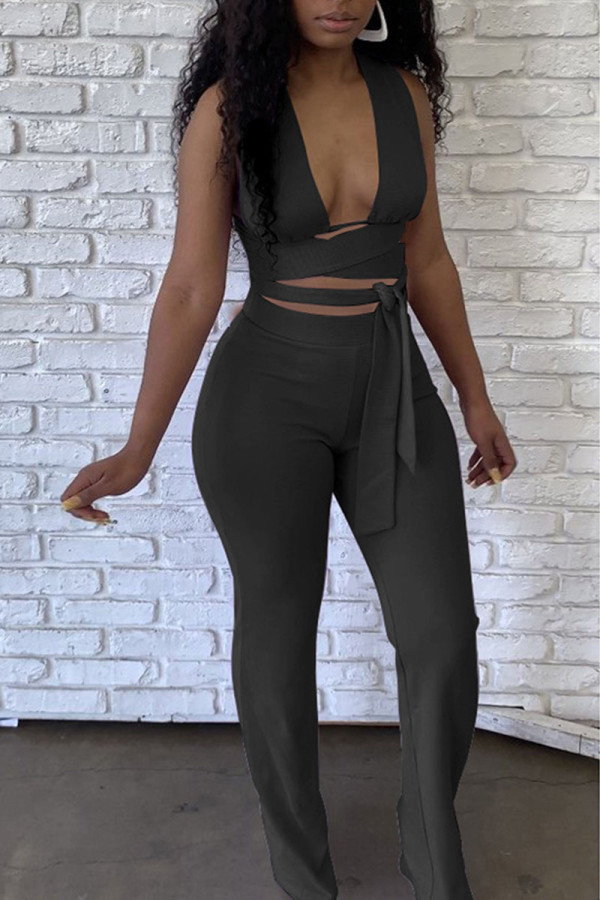 Black Sexy Solid Bandage Patchwork Frenulum Halter Sleeveless Two Pieces