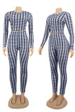 Blue Casual Plaid Print Patchwork O Neck Long Sleeve Two Pieces