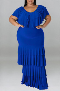 Blue Fashion Casual Plus Size Solid Patchwork O Neck Short Sleeve Dress