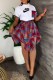 Red Blue Fashion Casual Plaid Patchwork Letter O Neck Short Sleeve Two Pieces