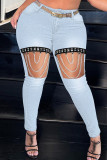 Medium Blue Fashion Casual Patchwork Ripped Hollowed Out Chains High Waist Skinny Denim Jeans