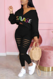 Pink Casual Letter Print Hole Straight Long Sleeve Two Pieces