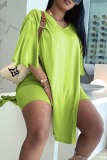 Fluorescent Green Casual Solid Slit V Neck Short Sleeve Two Pieces