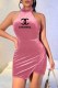 Pink Fashion Sexy Print Backless Asymmetrical O Neck One Step Skirt Dresses