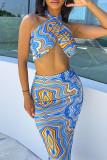 Light Blue Sexy Print Hollowed Out Halter Sleeveless Two Pieces