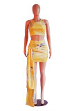 Yellow Sexy Casual Print Tie Dye Patchwork O Neck Sleeveless Two Pieces