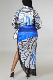 Blue Sexy Print Tassel Patchwork Asymmetrical V Neck Long Sleeve Two Pieces