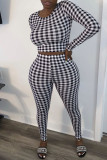 Blue Casual Plaid Print Patchwork O Neck Long Sleeve Two Pieces