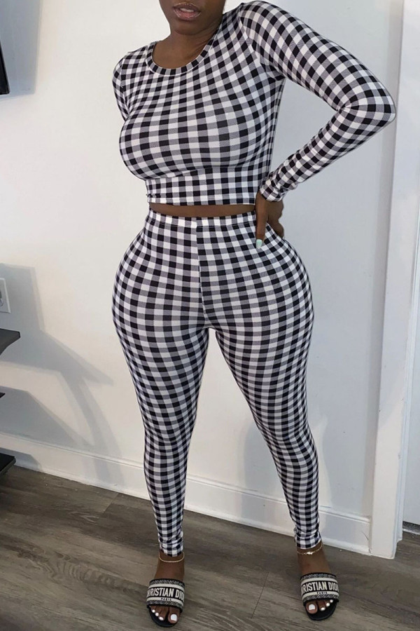 Black Casual Plaid Print Patchwork O Neck Long Sleeve Two Pieces