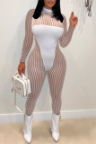 Red Fashion Sexy Striped Patchwork See-through Half A Turtleneck Skinny Jumpsuits