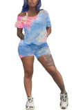 Colorful blue Fashion Sexy adult Ma'am Print Tie Dye Burn-out Two Piece Suits pencil Half Sleeve Two Pieces