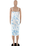 Blue Sexy Print Patchwork Spaghetti Strap One Step Skirt Dresses