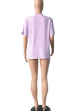 Light Purple Casual Street Print Tassel Patchwork Slit V Neck T-Shirts