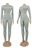 Blue Casual Plaid Print Patchwork O Neck Long Sleeve Two Pieces
