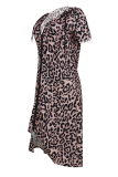 Brown Sexy Leopard Patchwork V Neck Irregular Dress Dresses